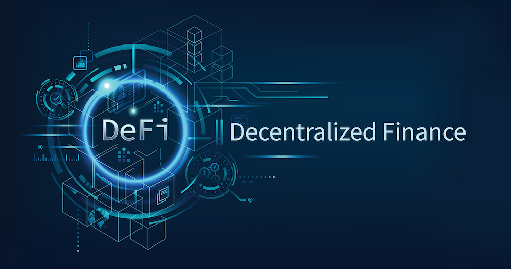DeFi Decentralized Finance financial system, cryptocurrency, blockchain, and digital asset.